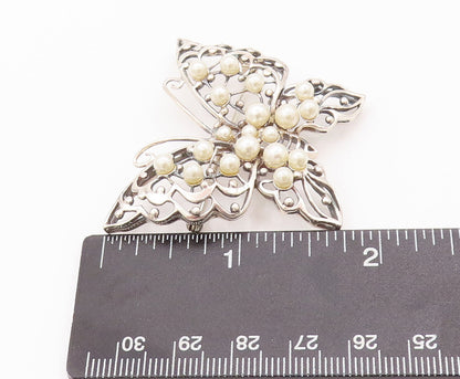 925 Sterling Silver Vintage Brooch Pin Swirly Cut Beaded Pearl Butterfly BP10820