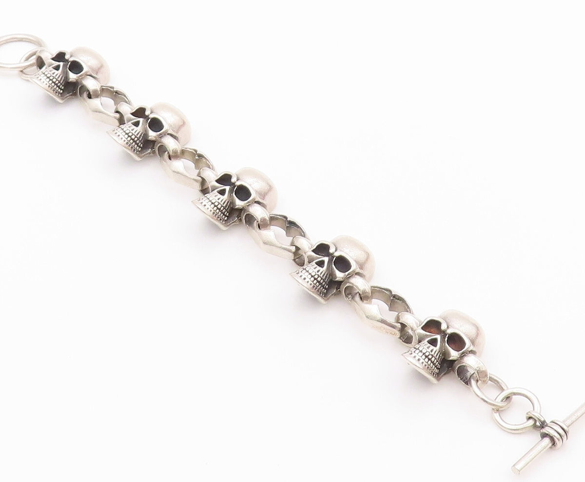 925 Sterling Silver Vintage Bracelet Heavy Carved Skulls Biker Design  BT11124