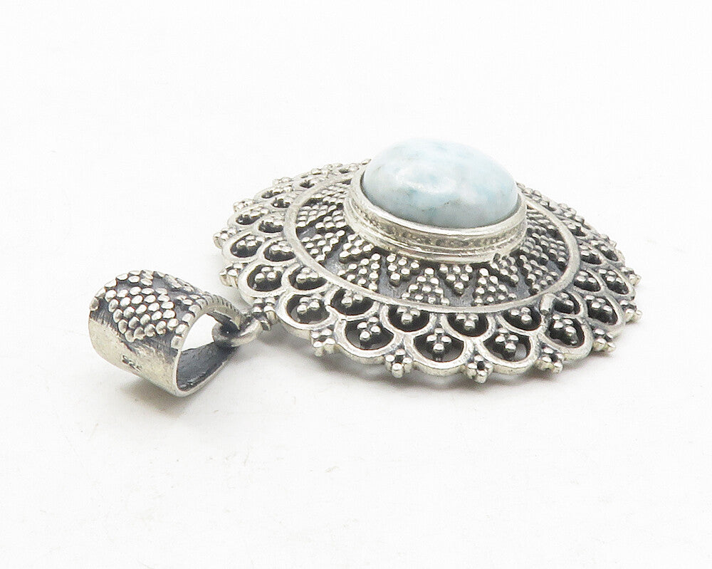 925 Sterling Silver  Vintage Cabochon Larimar Floral Pattern Pendant  PT9540