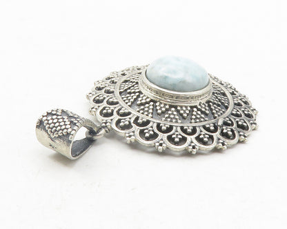 925 Sterling Silver  Vintage Cabochon Larimar Floral Pattern Pendant  PT9540