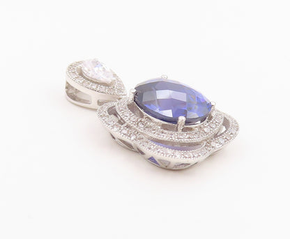 925 Sterling Silver Vintage Pendant CELINE F  Tanzanite Halo CZ Charm  PT25945