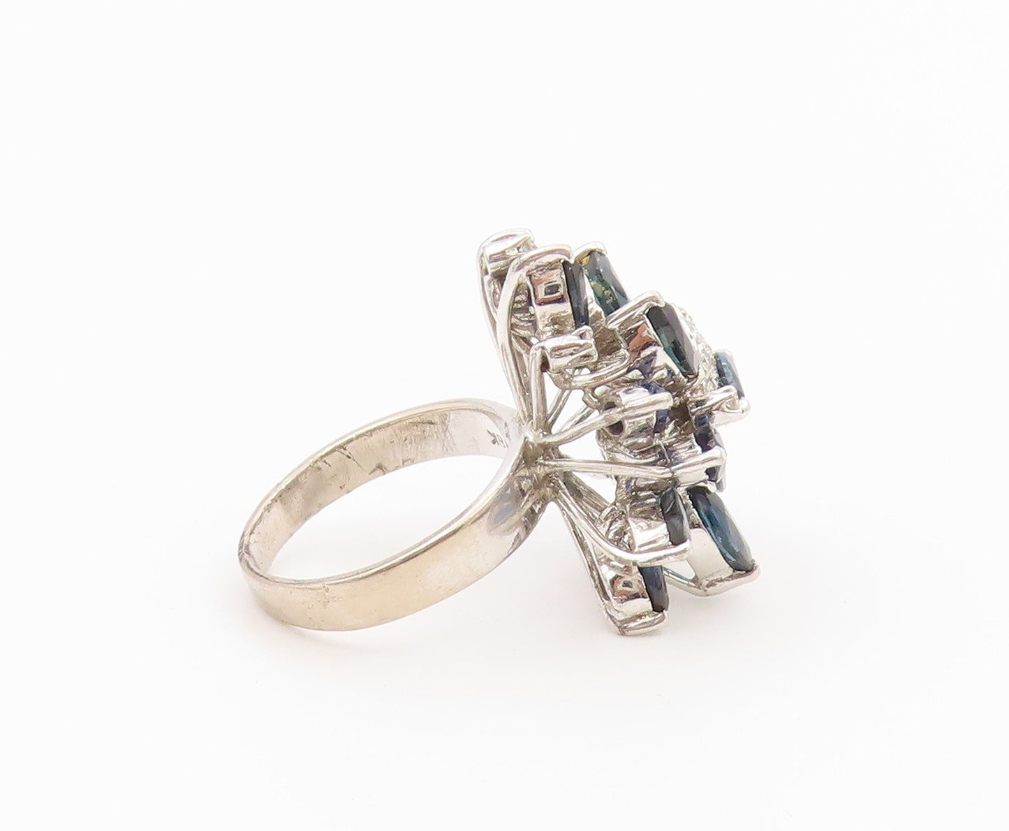 925 Sterling Silver Vintage Ring Real Diamonds Sapphire Flower  Sz 6  RG36602