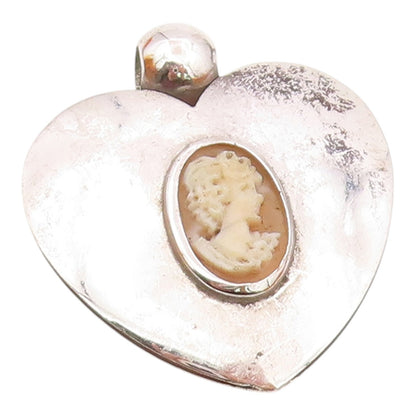 925 Silver  Vintage Polished Love Heart & Carved Lady Cameo Pendant  PT21441