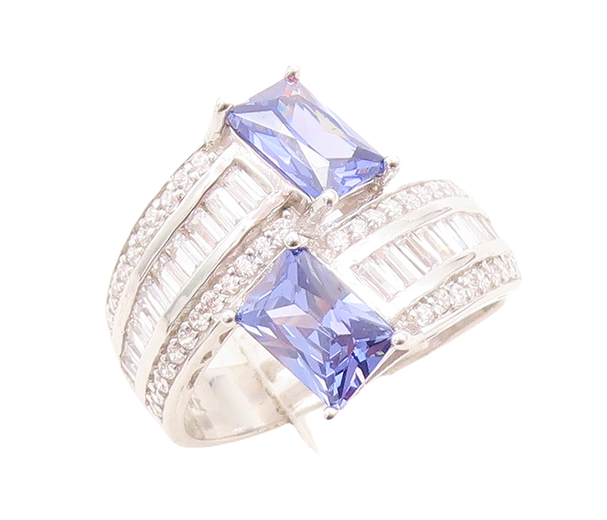 925 Sterling Silver Vintage Ring Blue & White CZ Bypass Inlay  Sz 7.5  RG30088