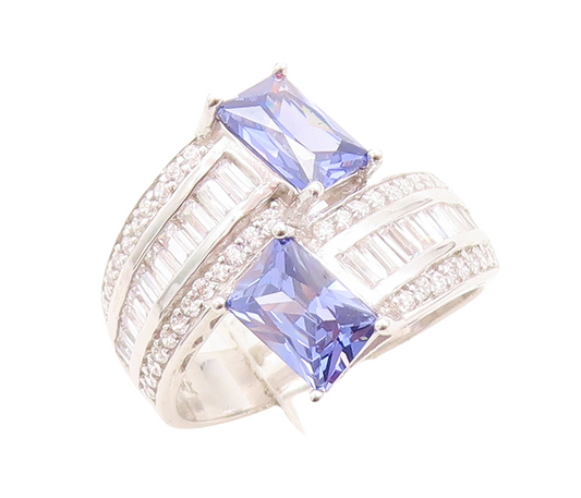 925 Sterling Silver Vintage Ring Blue & White CZ Bypass Inlay  Sz 7.5  RG30088