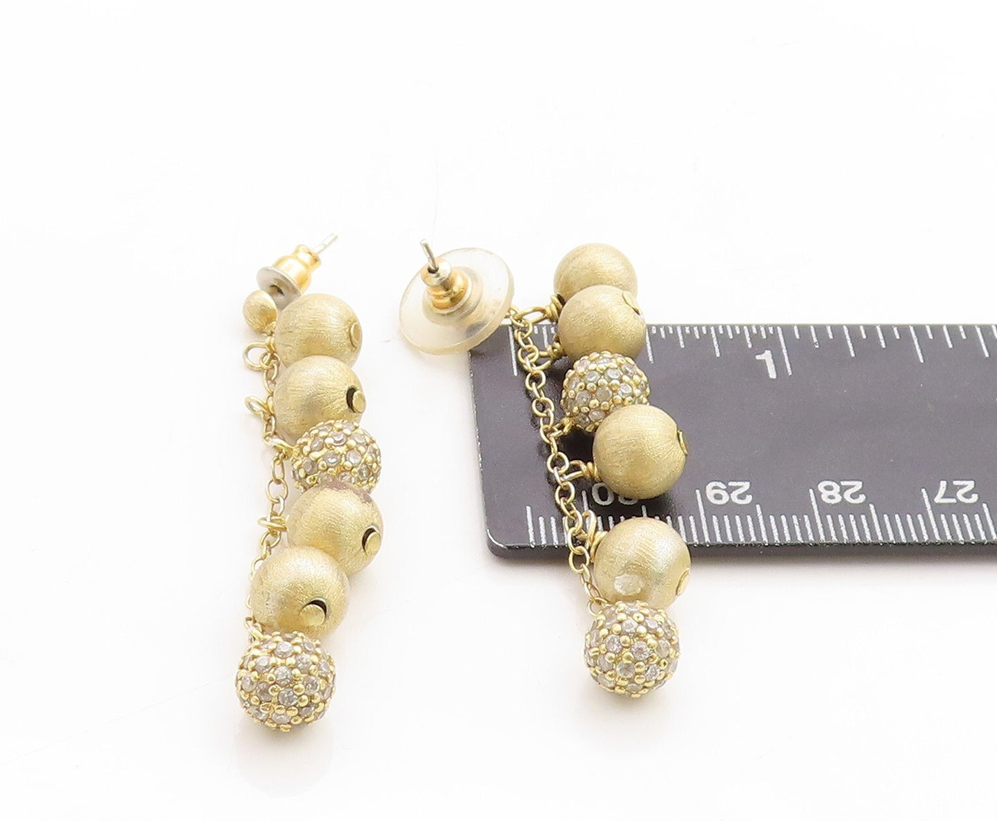 925 Sterling Silver Vintage Earrings Gold Plated Drop Round CZ  Beads  EG13268