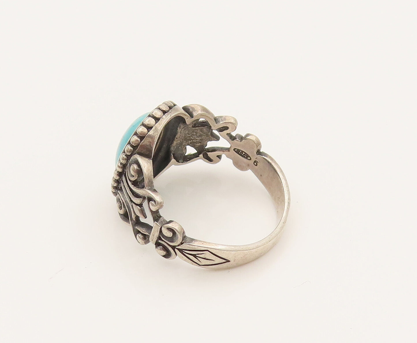AVON 925 Silver  Vintage Beaded Frame & Open Swirl Turquoise Ring Sz 9 RG26355