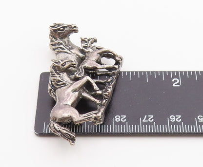 OTT 925 Silver  Vintage Shiny Dark Tone Horse Family Heavy Brooch Pin  BP8163