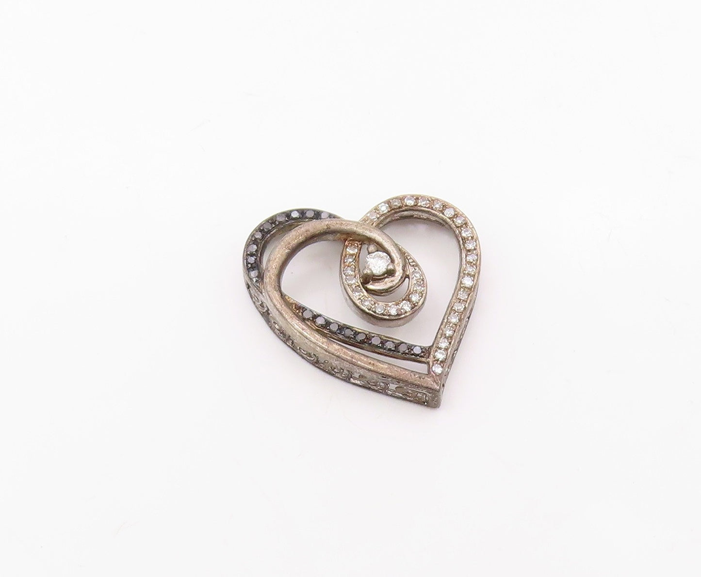 925 Sterling Silver  Vintage Genuine Diamonds Open Love Heart Pendant  PT19407