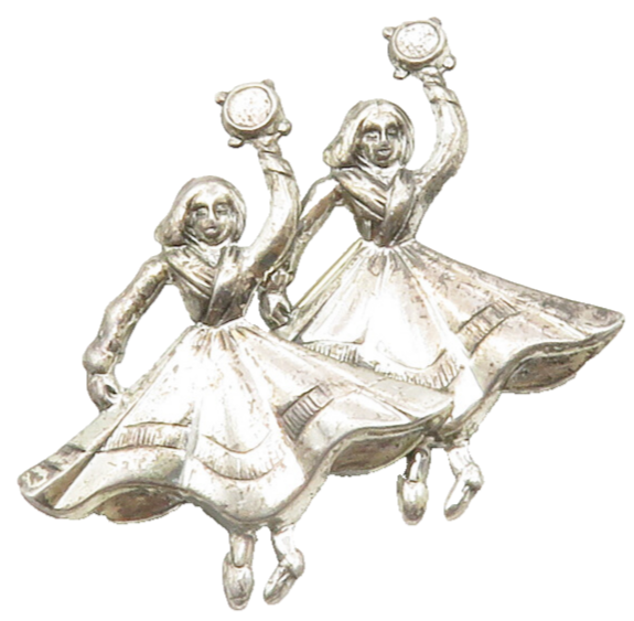 BEAU 925 Sterling Silver  Vintage Women Dancing In Dresses Brooch Pin  BP4929