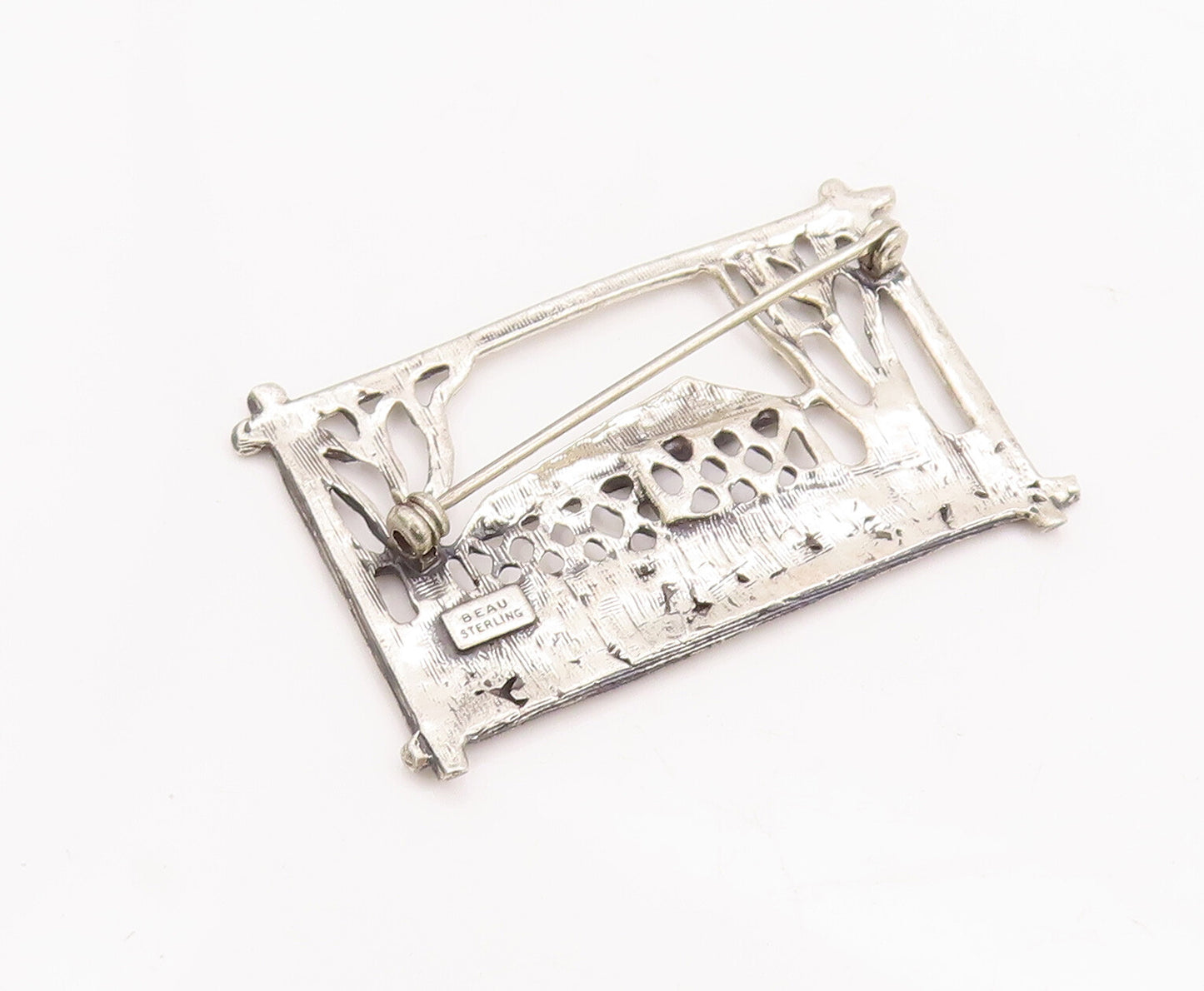 925 Sterling Silver Vintage Brooch Pin BEAU Cutout County House  BP11138