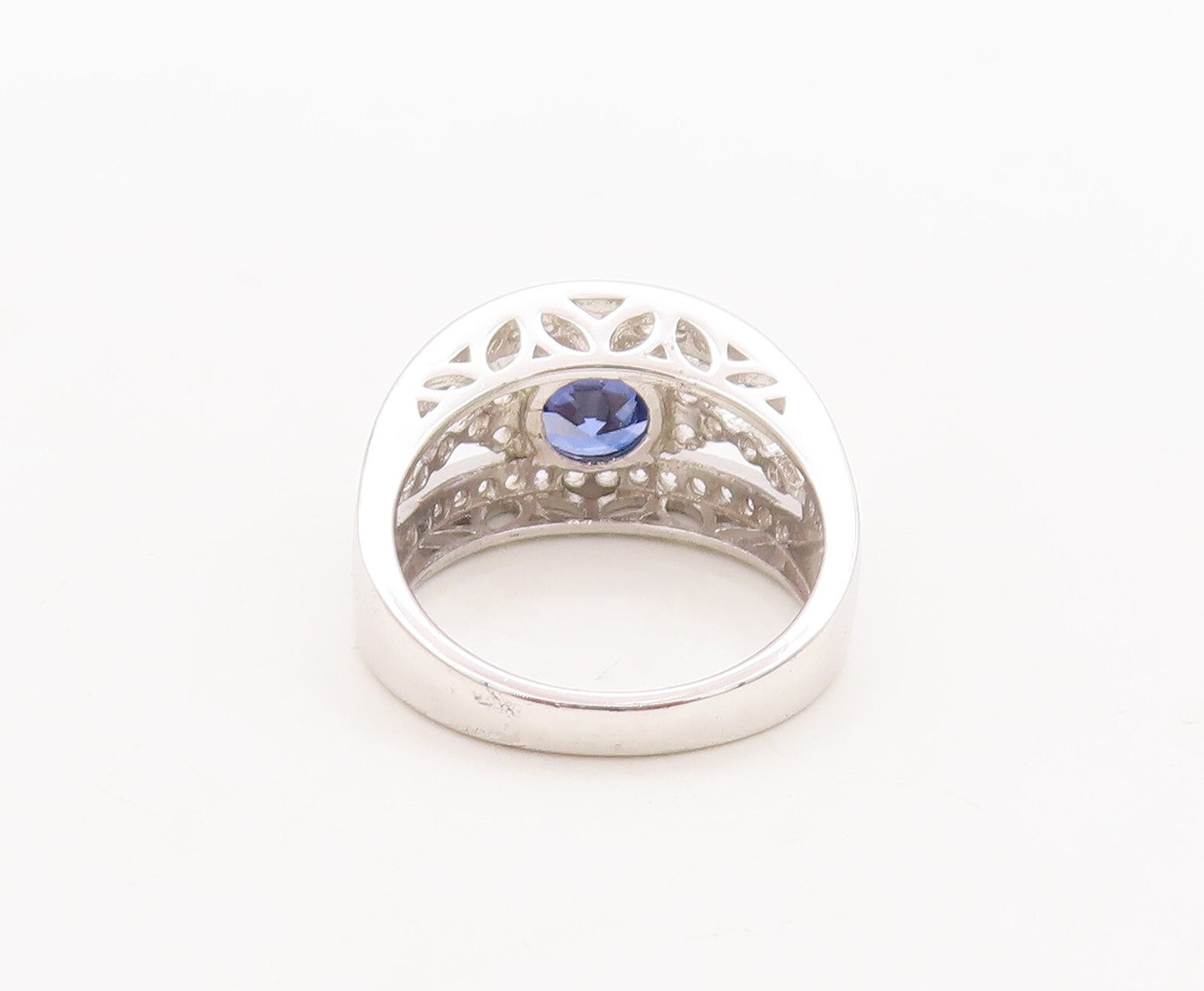 925 Sterling Silver Vintage Ring Designer Cut Sapphire CZ Inlay  Sz 7.5  RG29569