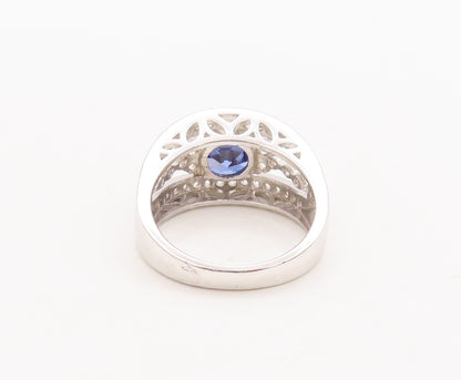 925 Sterling Silver Vintage Ring Designer Cut Sapphire CZ Inlay  Sz 7.5  RG29569