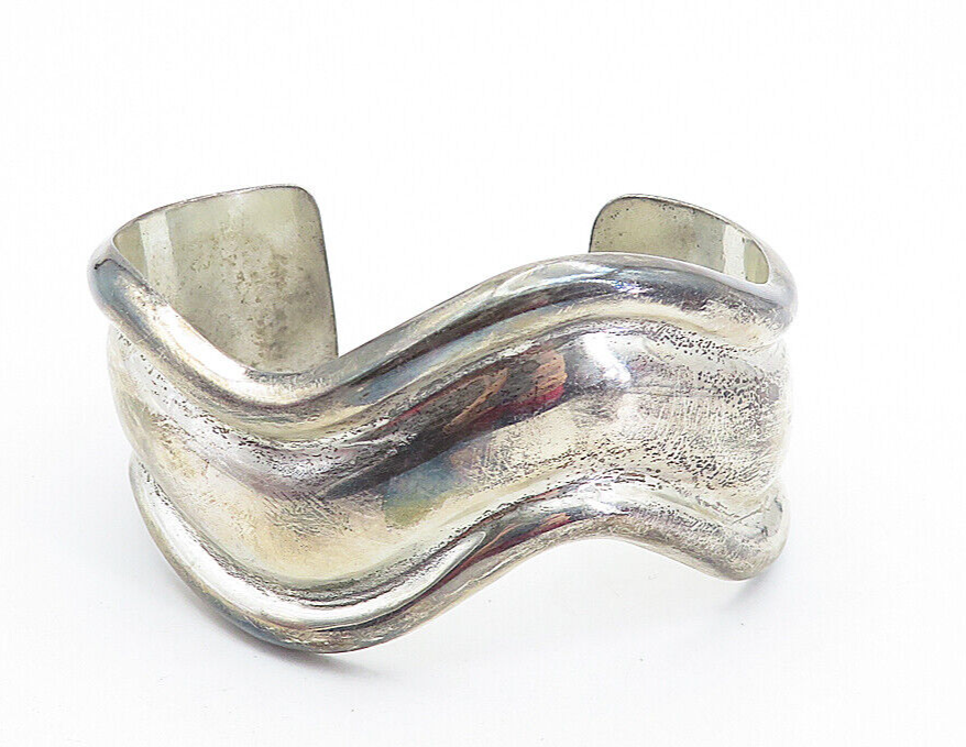LOS BALLESTEROS 925 Silver Vintage Wavy Raised Edge Cuff Bracelet BT2772