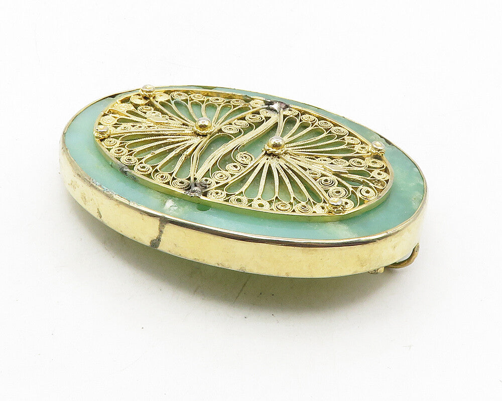 925 Sterling Silver  Vintage Jade Swirl Filigree Detail Brooch Pin  BP3949