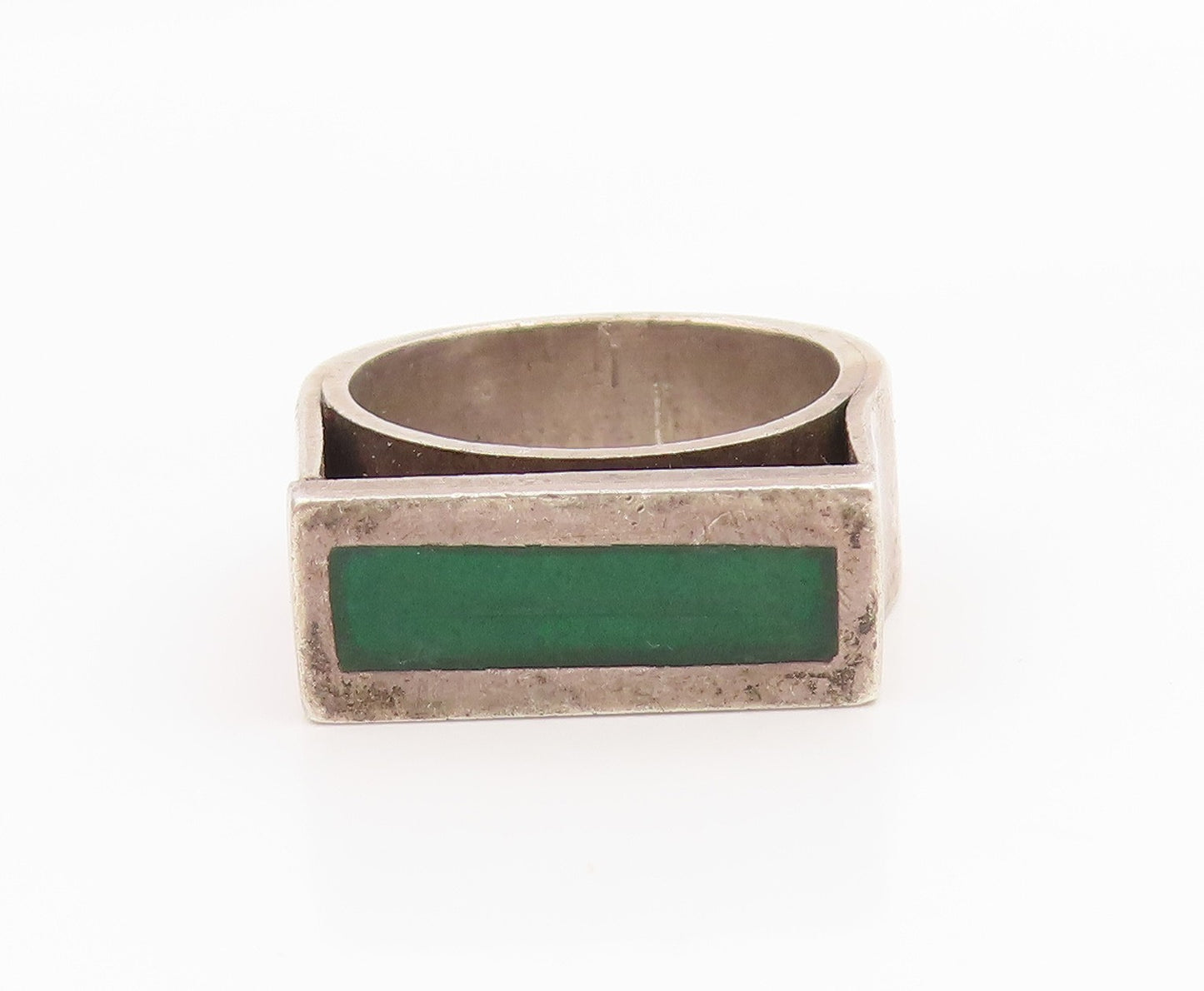 925 Sterling Silver Vintage Ring Green Enamel Rectangular Inlay  Sz 5  RG35355