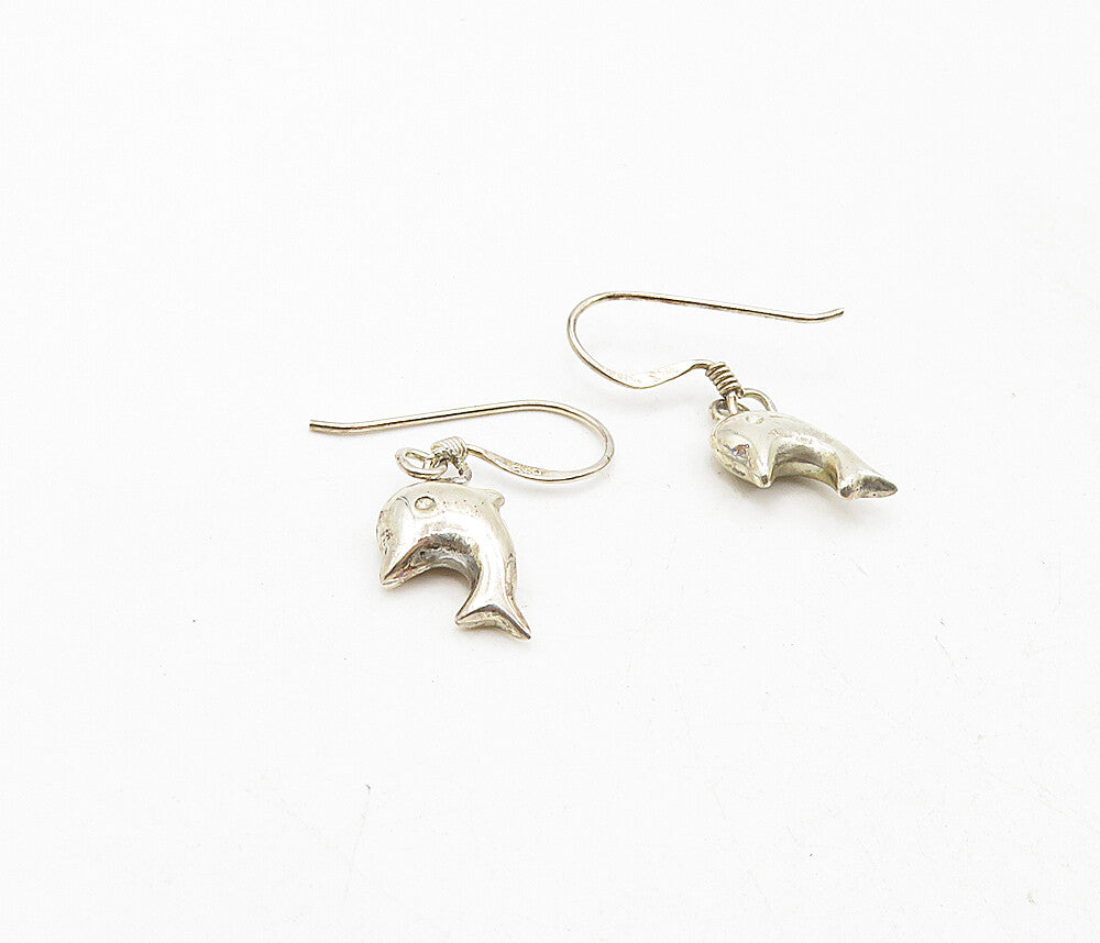 925 Sterling Silver  Vintage Shiny Petite Dolphin Dangle Earrings  EG4881