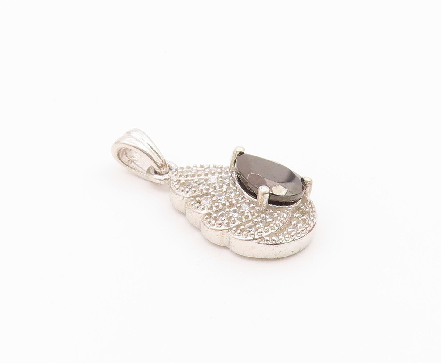 925 Sterling Silver  Vintage Hematite & Topaz Angel Wing Pendant  PT15645
