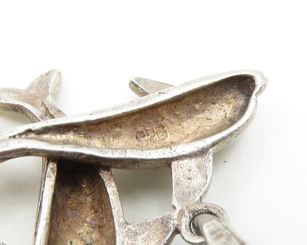 925 Sterling Silver  Vintage Diamond Cut Detail Dolphins Pendant  PT14790