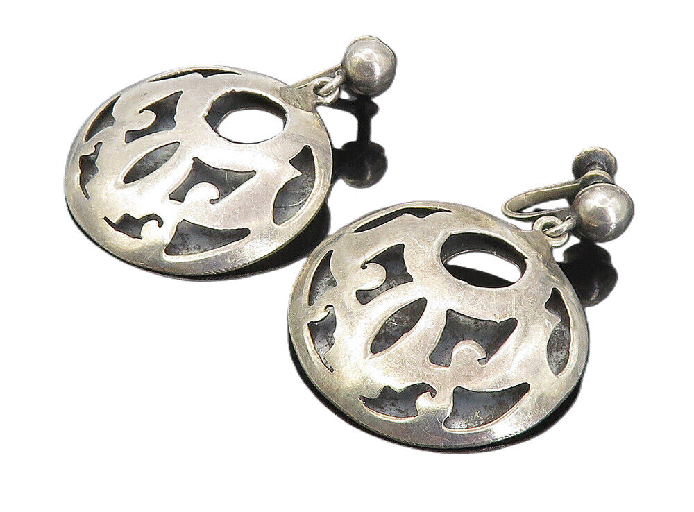 MEXICO 925 Sterling Silver  Vintage Cutout Pattern Non Pierce Earrings  EG4166