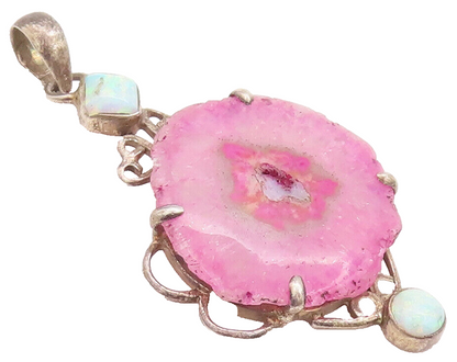 925 Sterling Silver Vintage Pendant Cabochon Solar Quartz & Fire Opal  PT22749