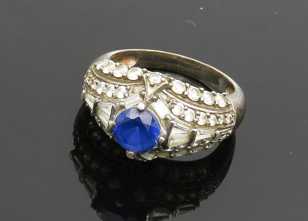 925 Silver  Vintage Blue Topaz & Cubic Zirconia Dome Band Ring Sz 8  RG19912