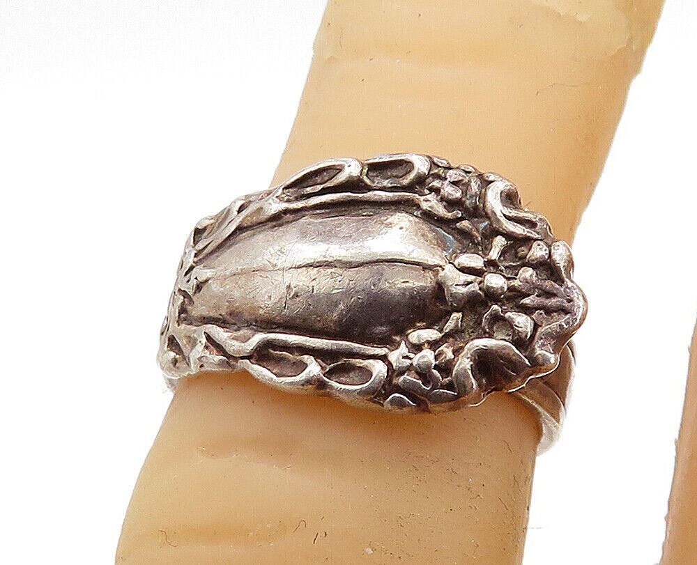925 Sterling Silver  Vintage Petite Floral Spoon Wrap Band Ring Sz 4  RG5747
