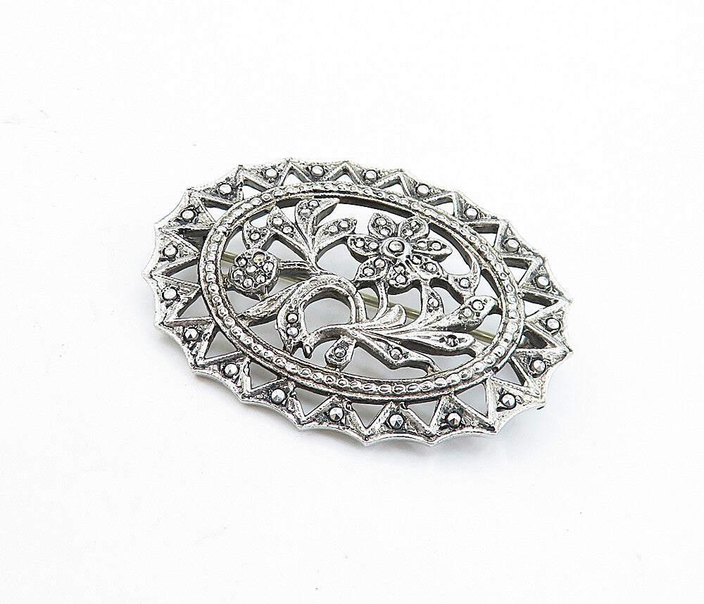 925 Sterling Silver  Vintage Sparkling Floral Leaf Vine Brooch Pin  BP2544