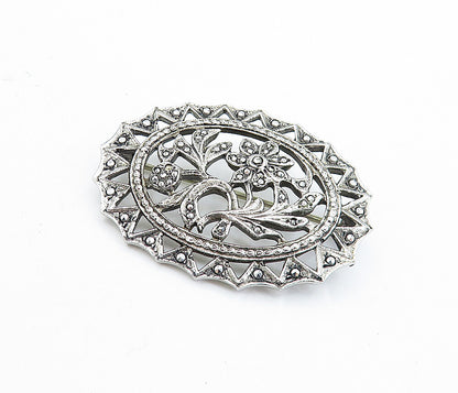 925 Sterling Silver  Vintage Sparkling Floral Leaf Vine Brooch Pin  BP2544