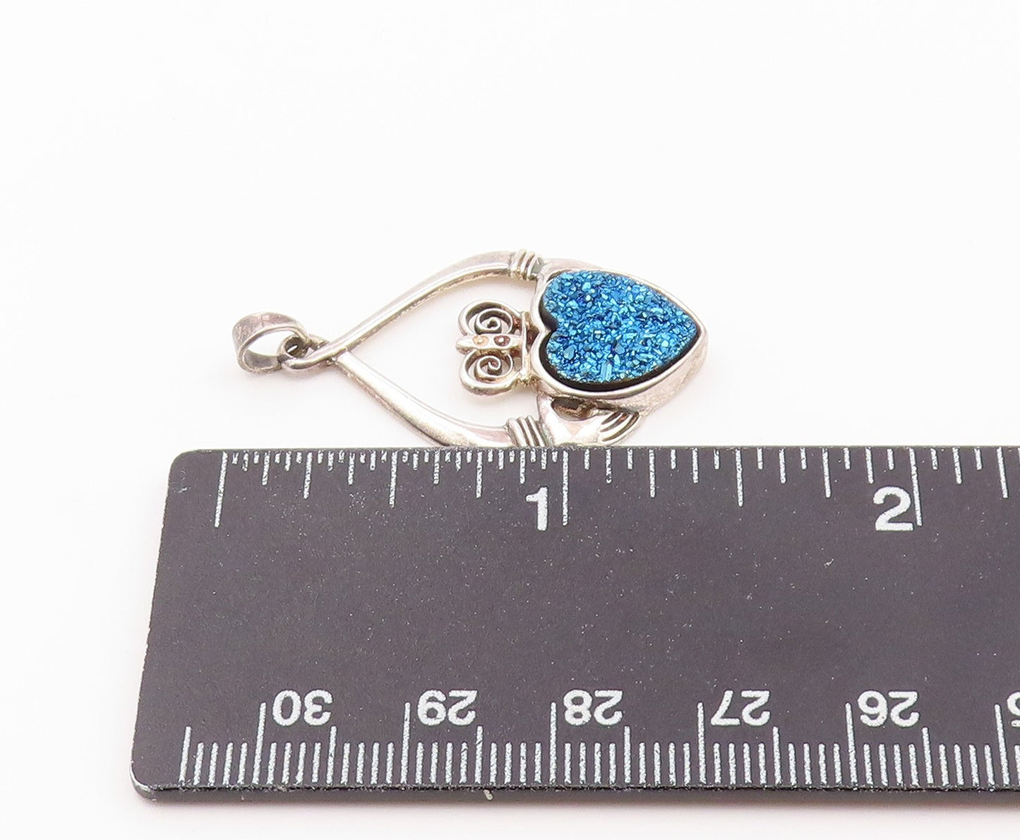 925 Sterling Silver Vintage Pendant IRELAND Drusy Quartz Claddagh Heart  PT26473