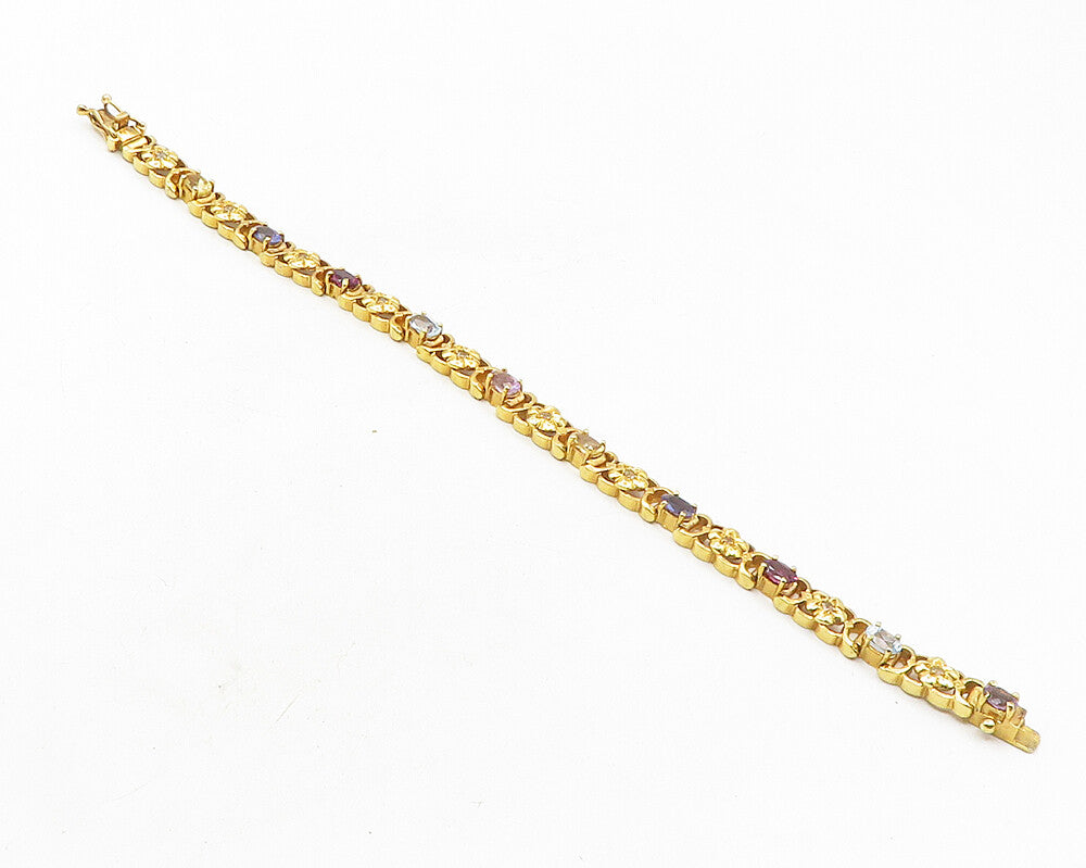 925 Sterling Silver  Tanzanite Topaz & Amethyst Floral Chain Bracelet  BT4350