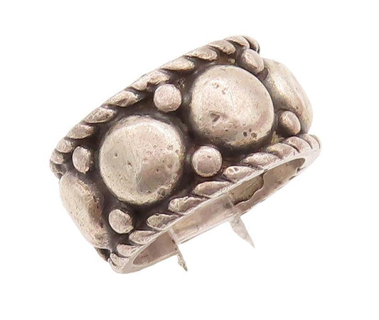 925 Sterling Silver Vintage Ring Large Beads Carved Roped Border  Sz 6  RG28643
