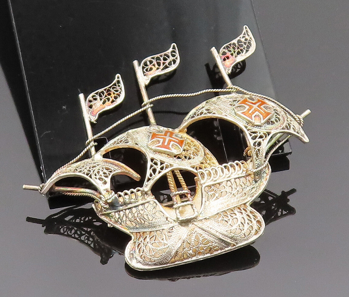 925 Silver  Vintage Enamel Cross Filigree Sailboat Ship Brooch Pin  BP10155