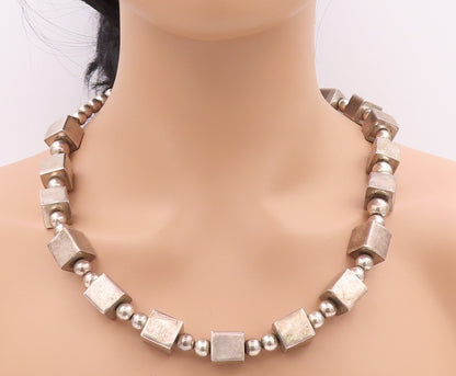 925 Sterling Silver Vintage Necklace Dark Tone Spheres & Cubes Chain  NE4545