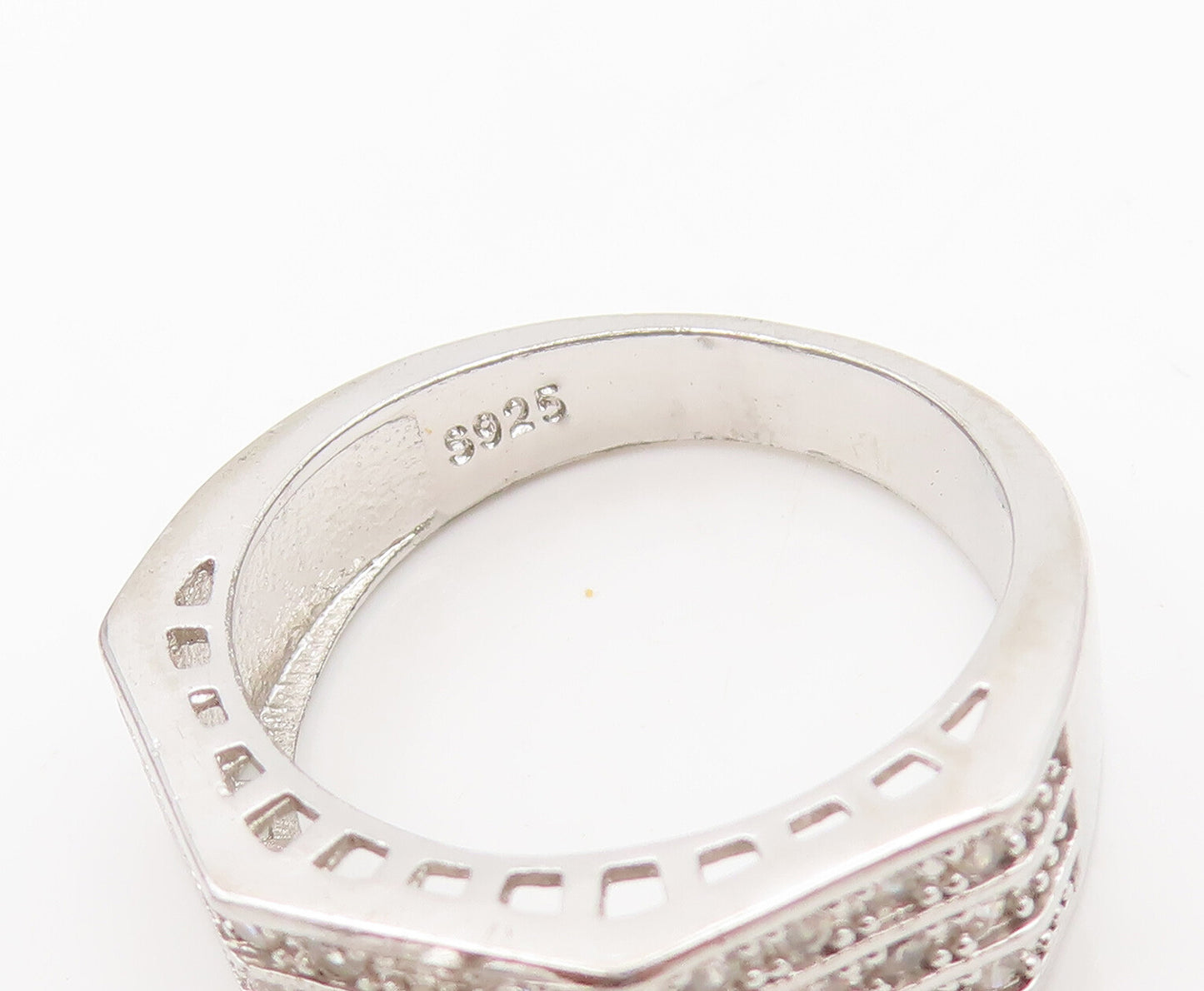 925 Sterling Silver  Vintage 3 Band & Main Stone CZ Wedding Ring Sz 8  RG27164