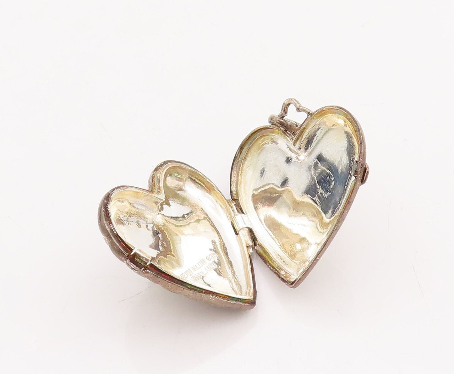 925 Sterling Silver Vintage Pendant Box Carved Flower On Heart (OPENS)  PT23480
