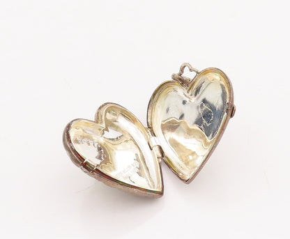 925 Sterling Silver Vintage Pendant Box Carved Flower On Heart (OPENS)  PT23480