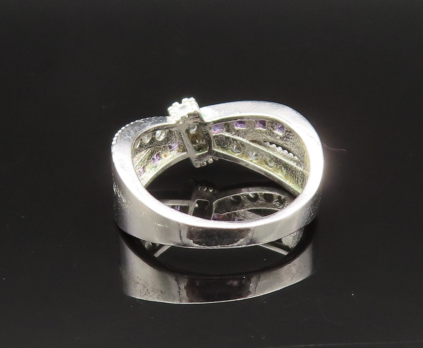 925 Silver  Vintage Amethyst & Topaz Tied Crisscross Band Ring Sz 7  RG25495