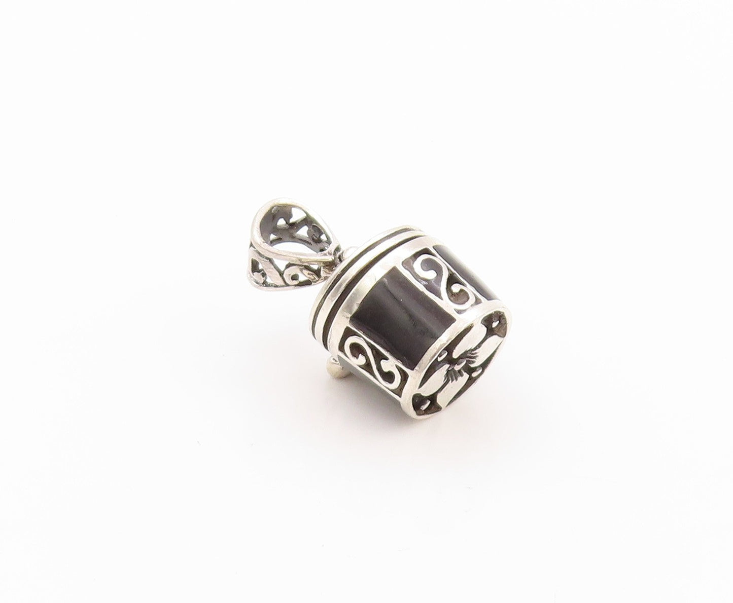 925 Sterling Silver Vintage Pendant Onyx Inlay Swirly Carved Box OPENS  PT24052