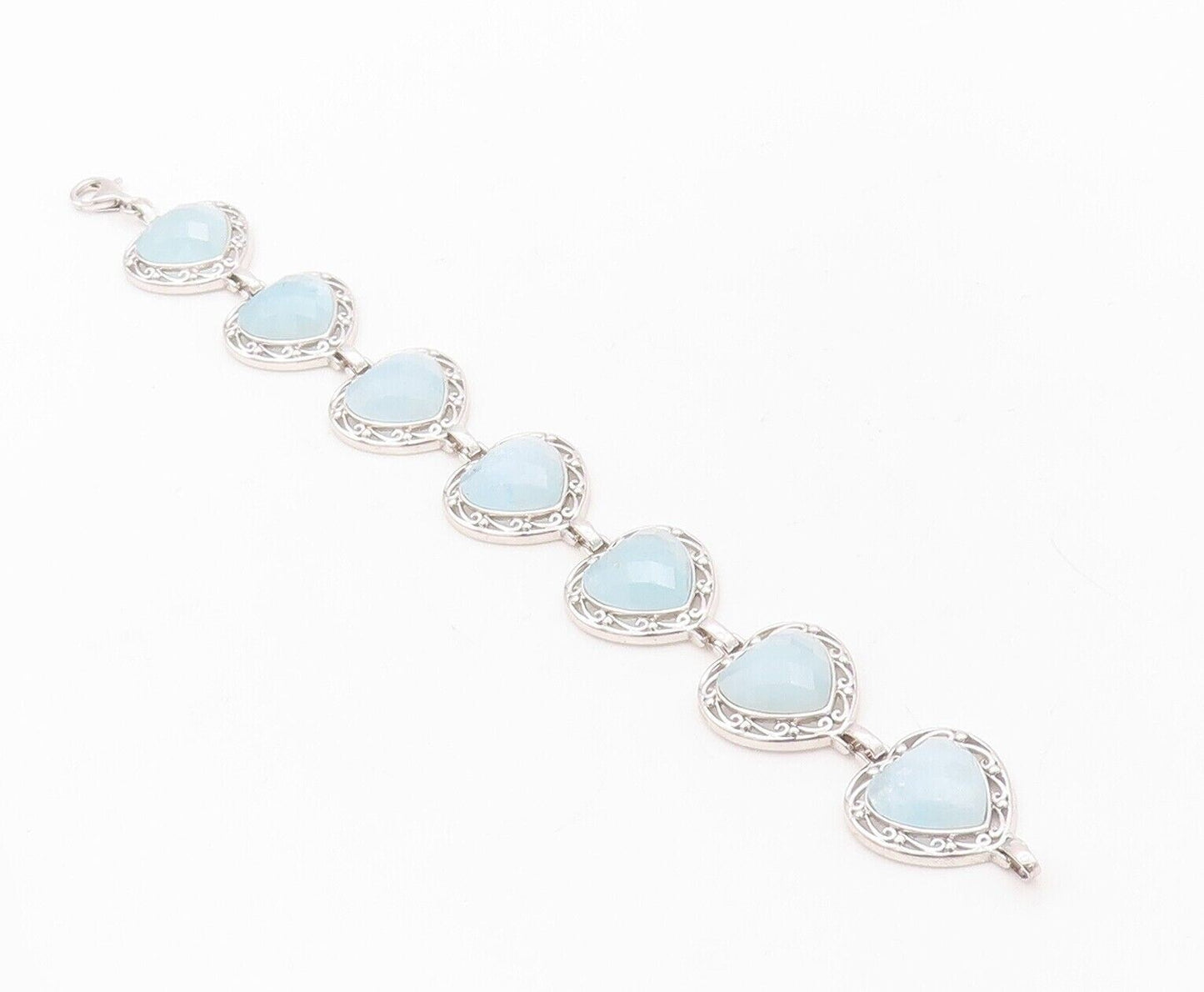 925 Sterling Silver Vintage Bracelet Heart Shape Aquamarine Swirly Cut  BT10710