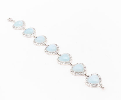 925 Sterling Silver Vintage Bracelet Heart Shape Aquamarine Swirly Cut  BT10710