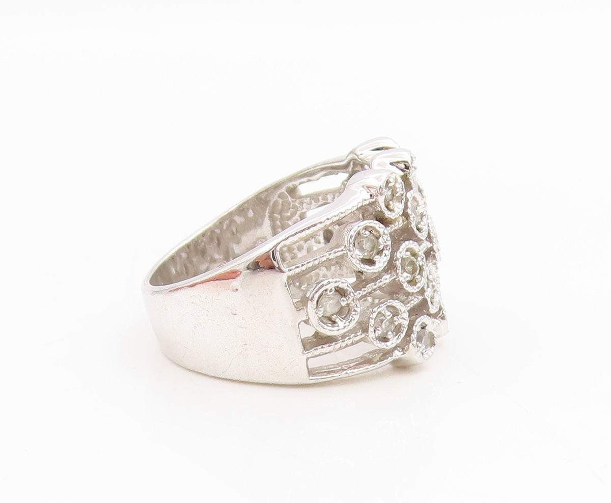 925 Sterling Silver Vintage Ring Round CZ Multi Row Openwork Band  Sz 7  RG35024