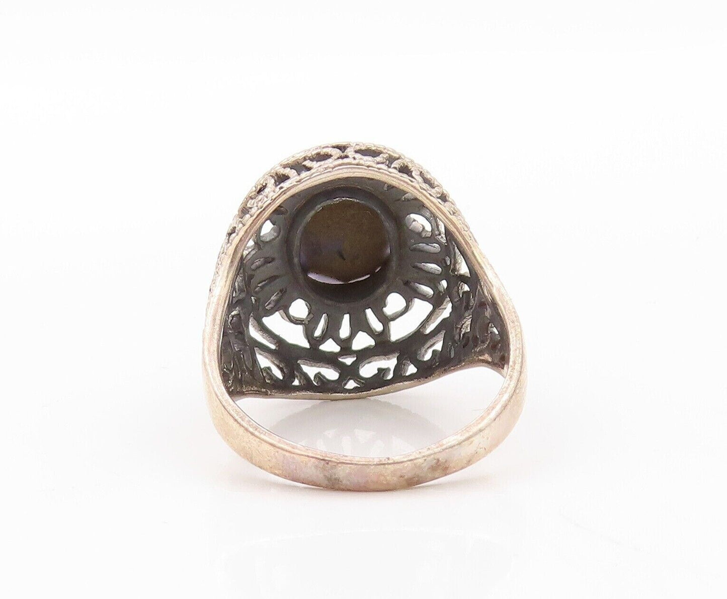 925 Sterling Silver Vintage Ring Floral Cutout Oval Sapphire  Sz 8  RG30204