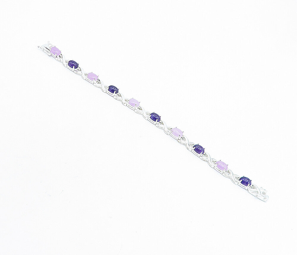 925 Sterling Silver  Cabochon Cut Amethyst Polished Chain Bracelet  BT3096