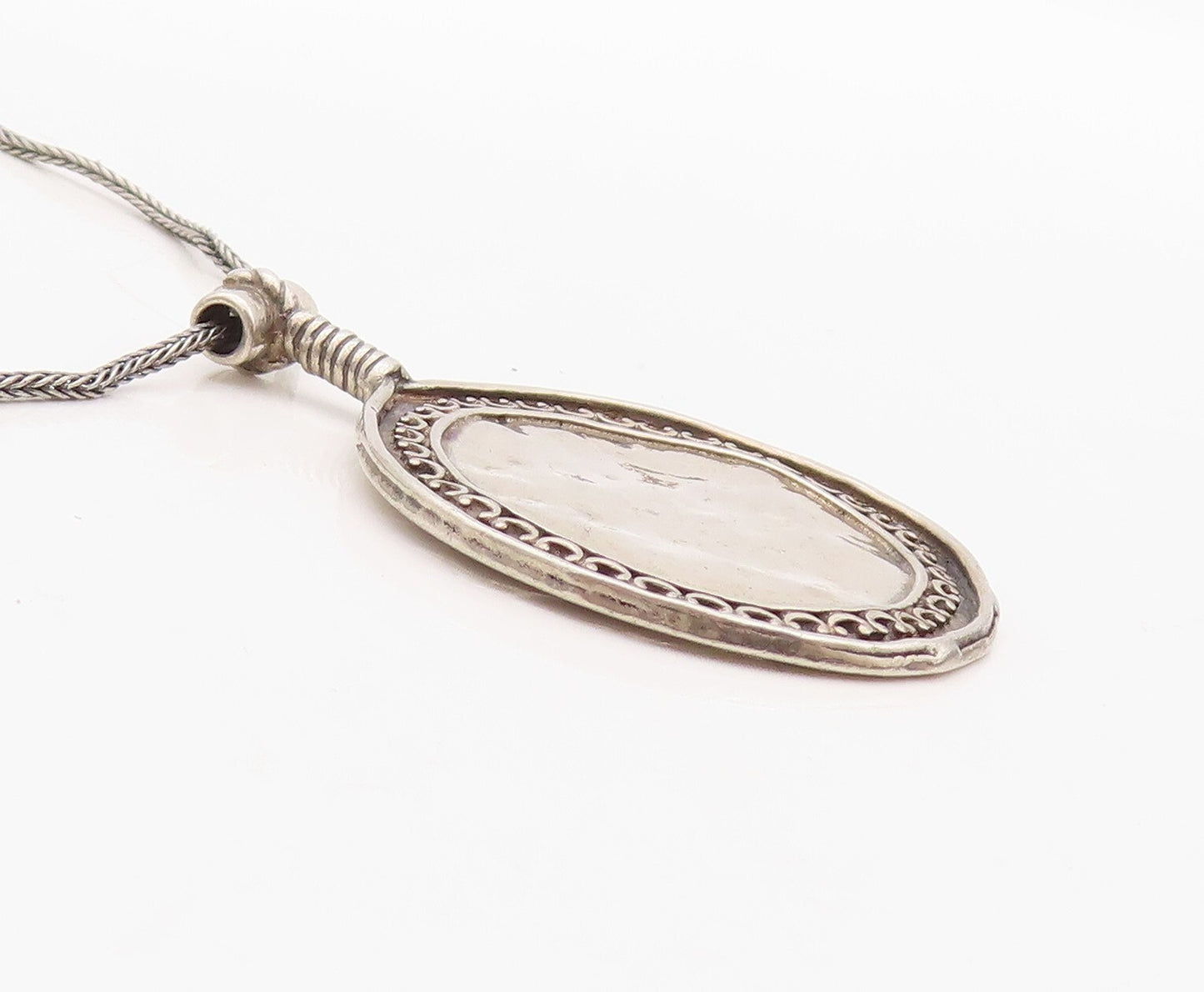 925 Sterling Silver Vintage Necklace SHABLOOL ISRAEL Carved Round Pendent NE4318