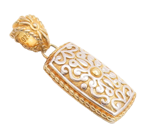 925 Sterling Silver Vintage Pendant Gold Plated Rectangle Swirly Carved  PT22546