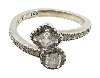 PANDORA 925 Sterling Silver Vintage Cubic Zirconia Bypass Ring Sz 7.5 RG15864