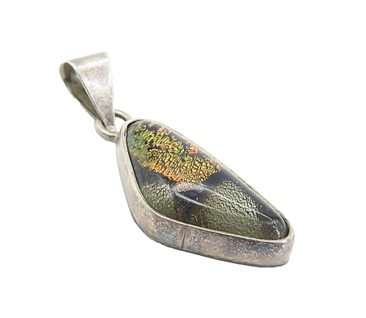 925 Sterling Silver  Vintage Glitter Glass Art Dark Tone Drop Pendant  PT6247