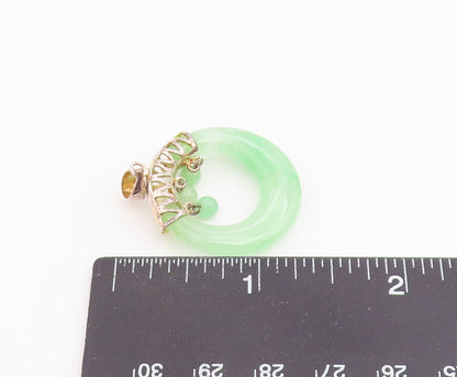925 Sterling Silver Vintage Pendant Modernist Green Jade Disc With Beads PT26522