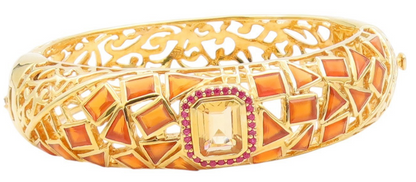 925 Sterling Silver Vintage Bracelet Gold Plated Ruby & Citrine Bangle BT11336